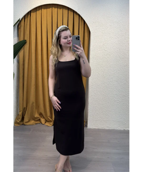 Askılı Saten Dokulu Elbise - ACI KAHVE