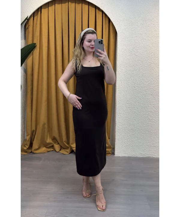 Askılı Saten Dokulu Elbise - ACI KAHVE