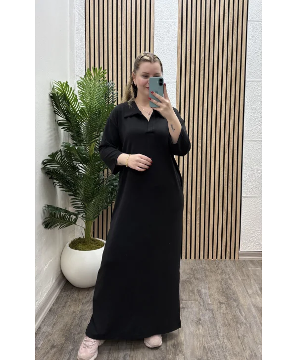 Polo Yaka Modal Basic Elbise - SİYAH