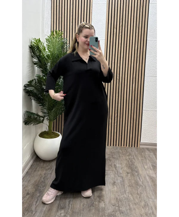 Polo Yaka Modal Basic Elbise - SİYAH