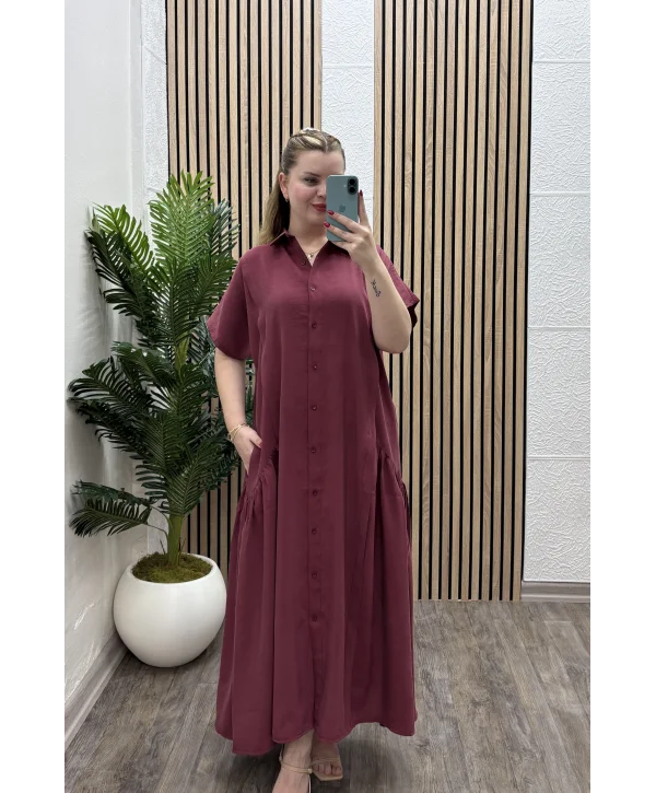 Pileli Cep Detay Gömlek Elbise