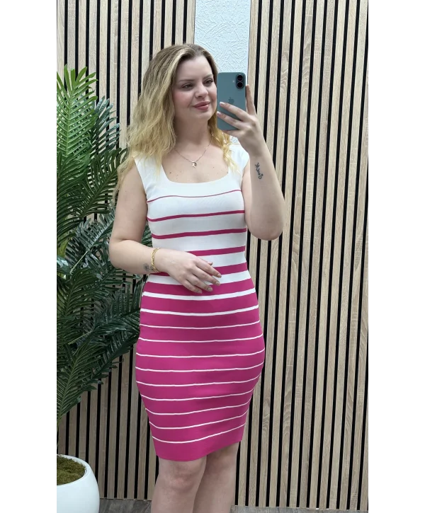 Askılı Çizgili Triko Elbise - PEMBE-SİYAH