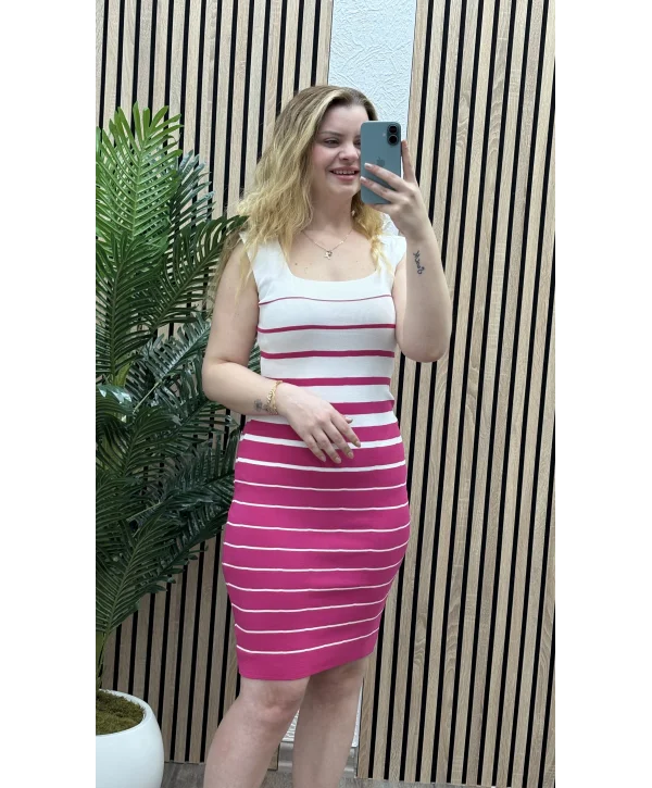 Askılı Çizgili Triko Elbise - PEMBE-SİYAH