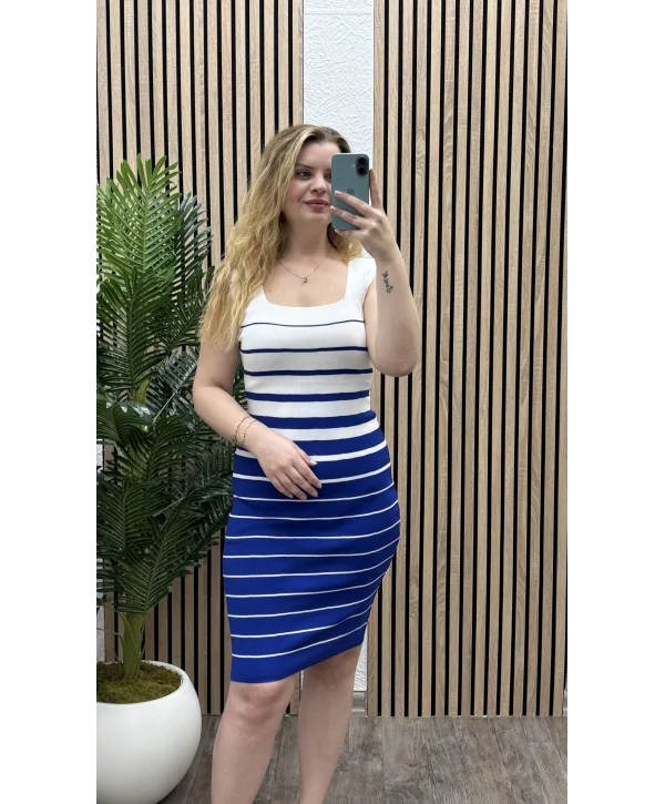 Askılı Çizgili Triko Elbise - MAVİ-KIRMIZI-KAHVE