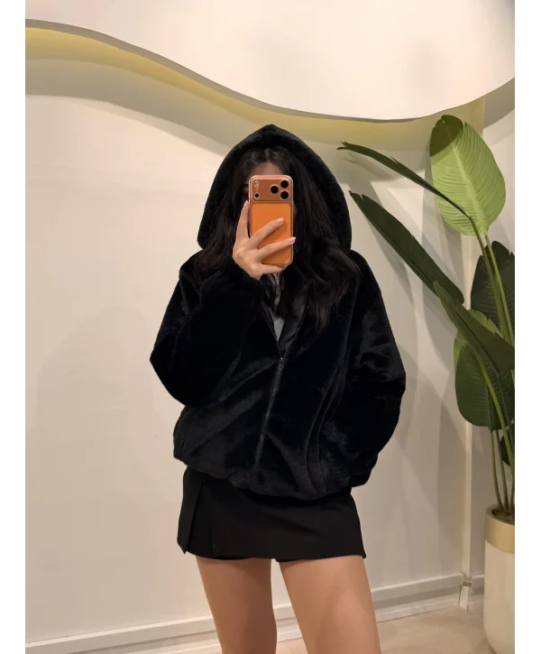 Astarlı Peluş Ceket - Siyah