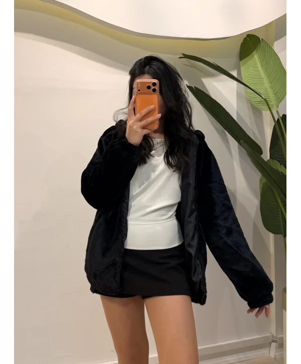 Astarlı Peluş Ceket - Siyah