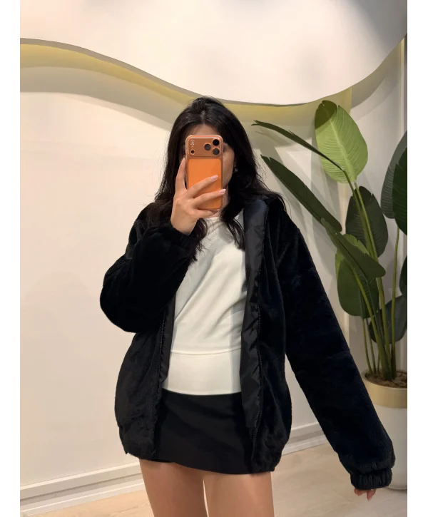 Astarlı Peluş Ceket - Siyah