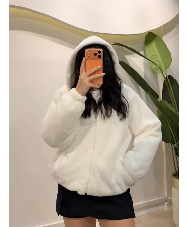 Astarlı Peluş Ceket - Ekru