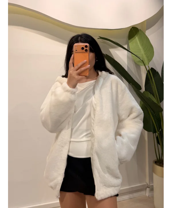 Astarlı Peluş Ceket - Ekru