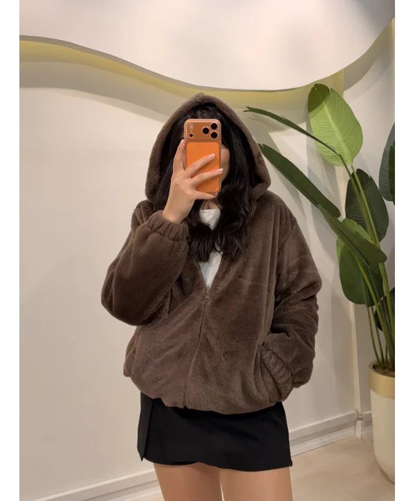 Astarlı Peluş Ceket - Kahve
