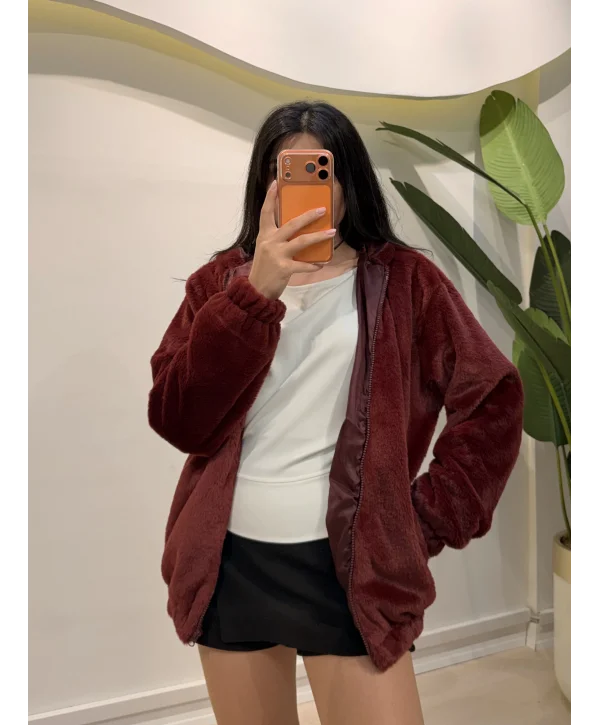 Astarlı Peluş Ceket - Bordo