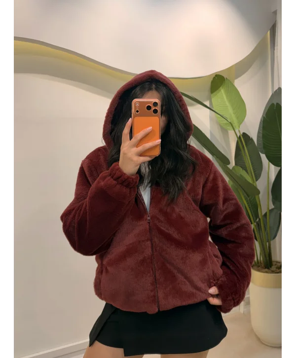 Astarlı Peluş Ceket - Bordo