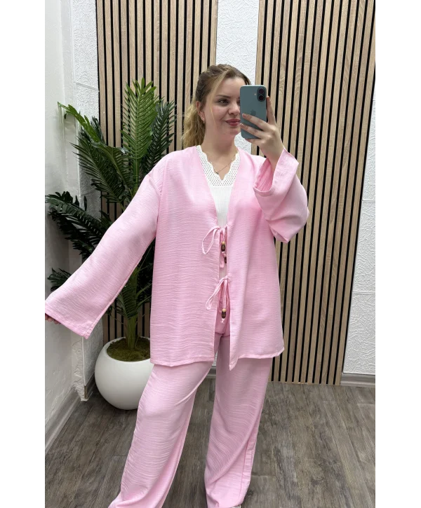 Bağlamalı İkili Keten Takım - PEMBE