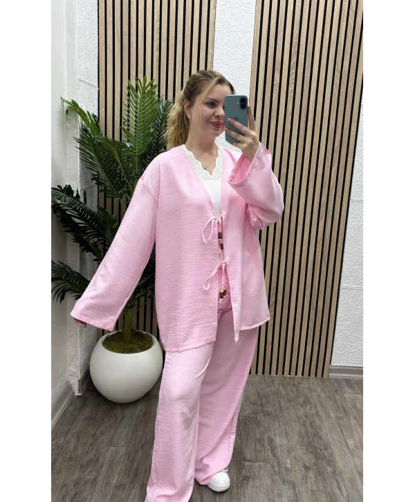 Bağlamalı İkili Keten Takım - PEMBE