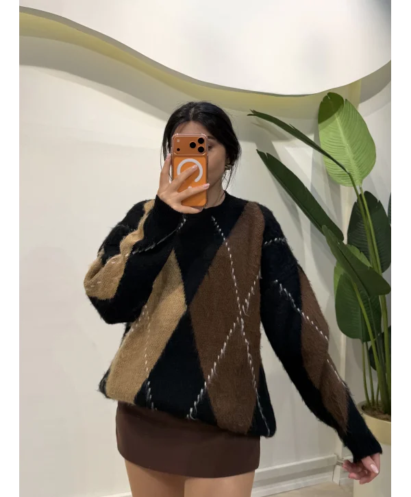 Baklava Desen Salaş Kazak - Siyah