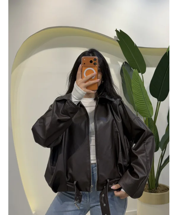 Beli Kemerli Bomber Deri Ceket - Kahve