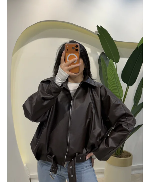 Beli Kemerli Bomber Deri Ceket - Kahve