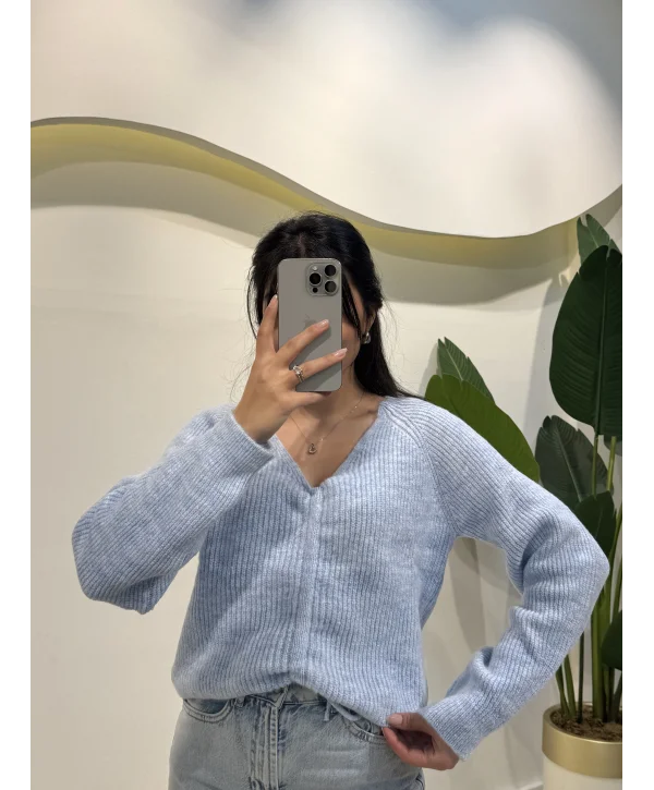 Büzgü Detaylı Kazak - Mavi