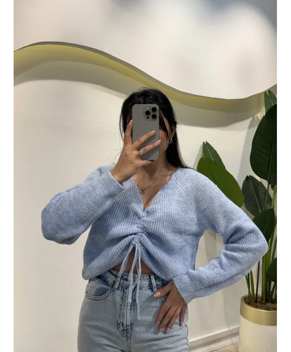 Büzgü Detaylı Kazak - Mavi