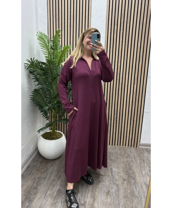 Cepli Polo Yaka Modal Elbise -BORDO