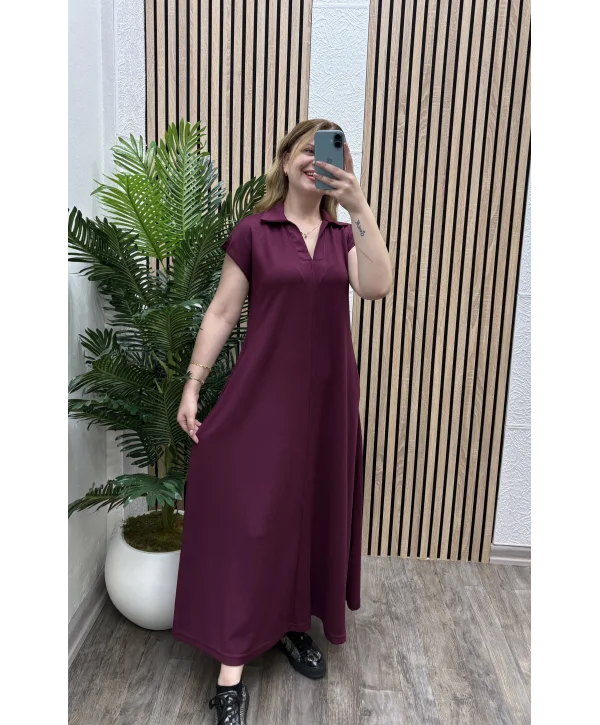 Cepli Polo Yaka Modal Elbise - BORDO