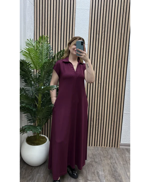 Cepli Polo Yaka Modal Elbise - BORDO