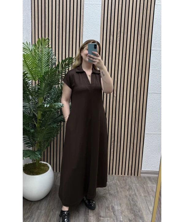 Cepli Polo Yaka Modal Elbise - KAHVERENGİ