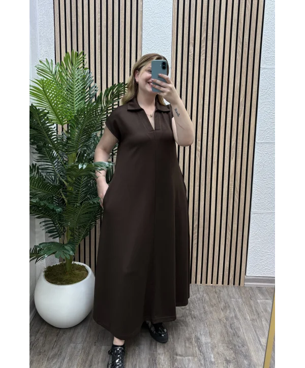 Cepli Polo Yaka Modal Elbise - KAHVERENGİ