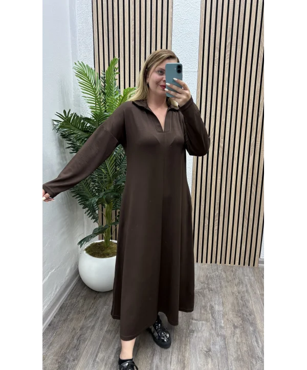 Cepli Polo Yaka Modal Elbise -KAHVERENGİ