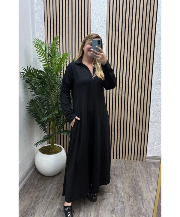 Cepli Polo Yaka Modal Elbise -SİYAH