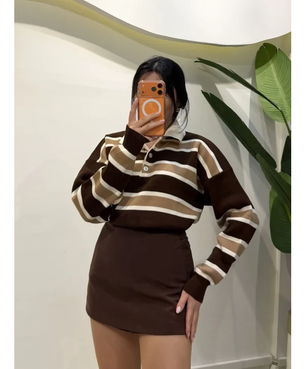 Çizgili Polo Yaka Kazak - Kahve Çizgili