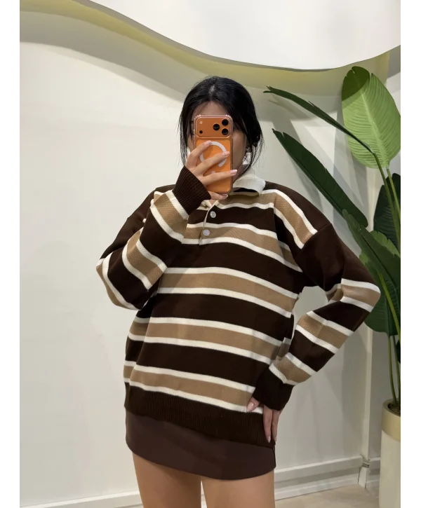 Çizgili Polo Yaka Kazak - Kahve Çizgili