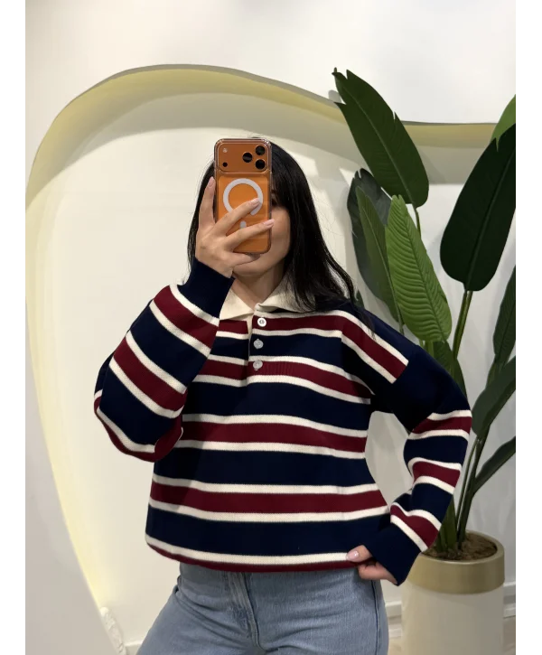 Çizgili Polo Yaka Kazak - Lacivert Çizgili