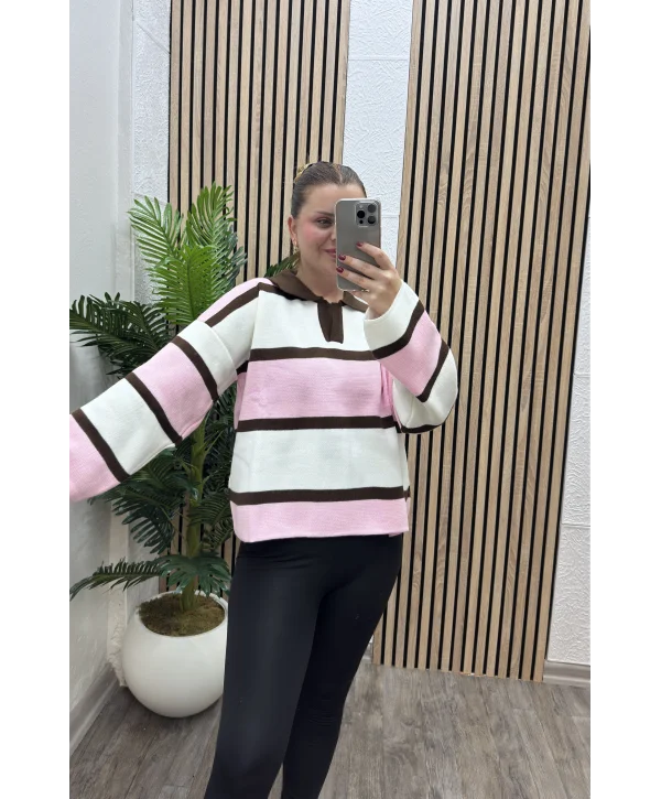 Çizgili Polo Yaka Triko Kazak - PEMBE