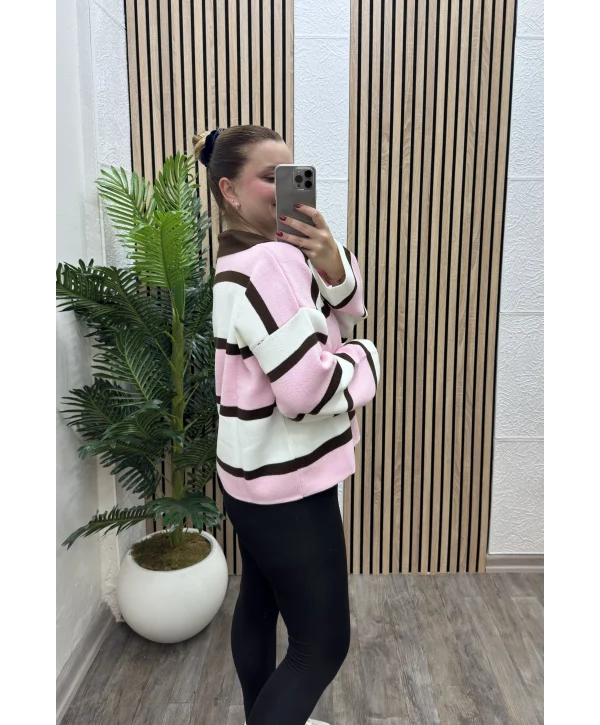 Çizgili Polo Yaka Triko Kazak - PEMBE