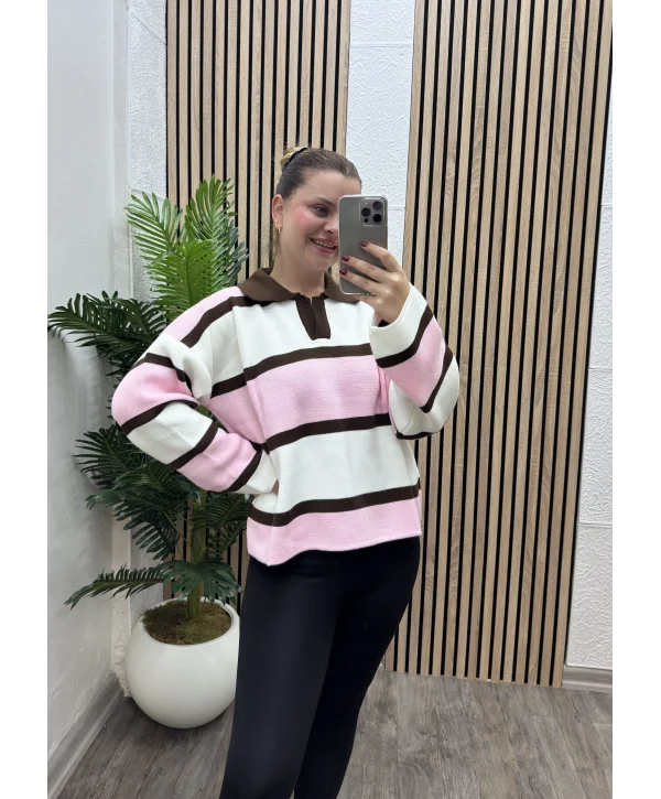 Çizgili Polo Yaka Triko Kazak - PEMBE