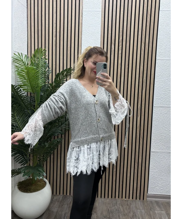 Dantel Detay Kolu Büzgülü Triko Hırka