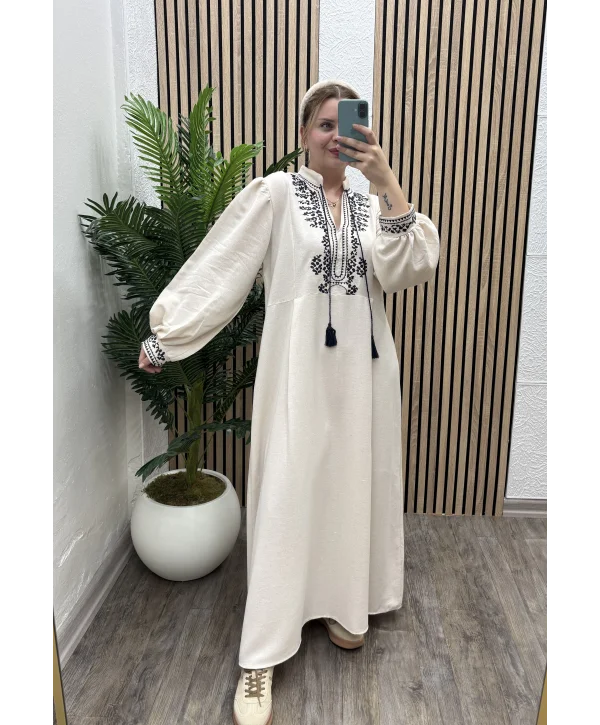 Desenli V Yaka Keten Elbise