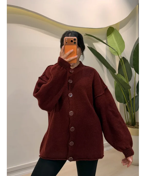 Düğmeli Balon Kol Hırka - Bordo