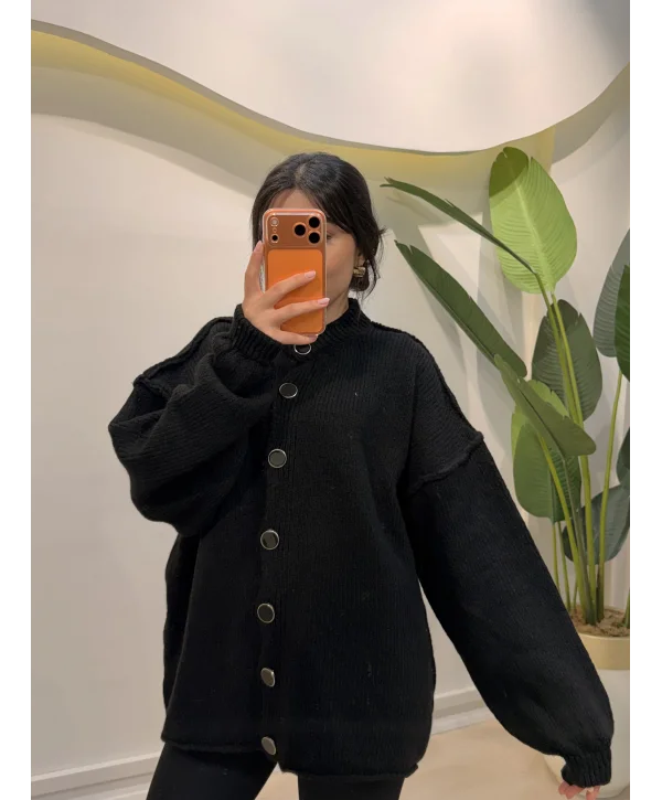 Düğmeli Balon Kol Hırka - Siyah