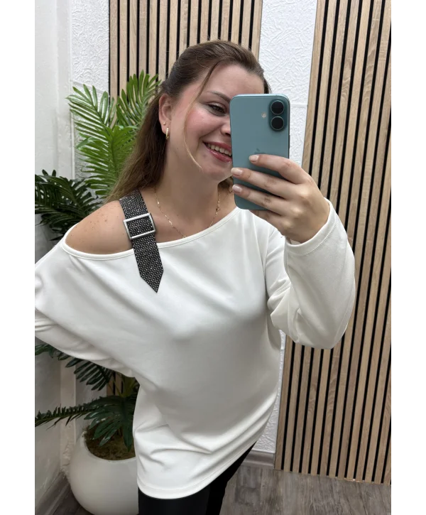 Düşük Omuz Taşlı Modal Bluz - BEYAZ