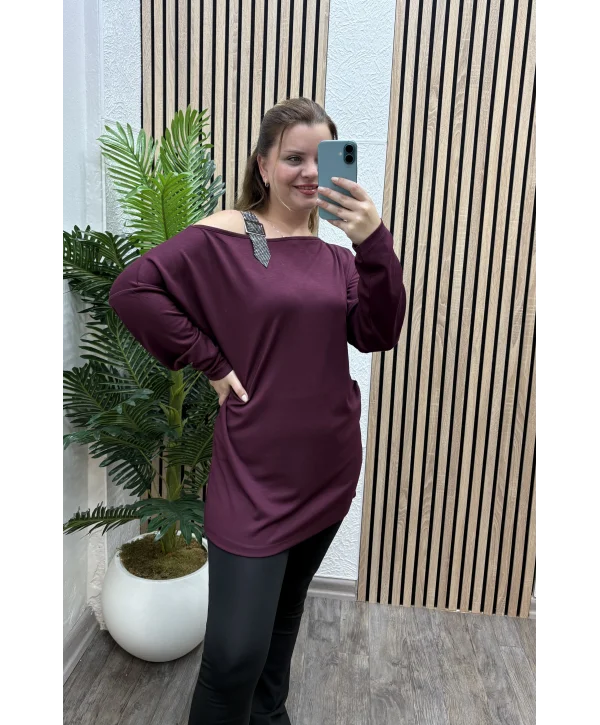 Düşük Omuz Taşlı Modal Bluz - BORDO