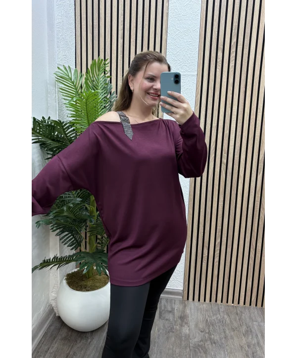 Düşük Omuz Taşlı Modal Bluz - BORDO