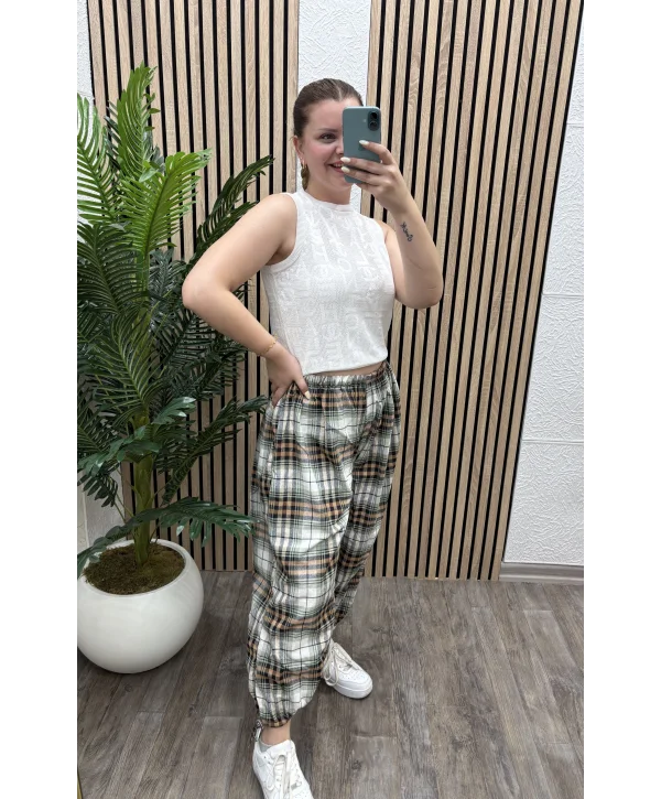 Ekoseli Oversize Pantolon - HAKİ