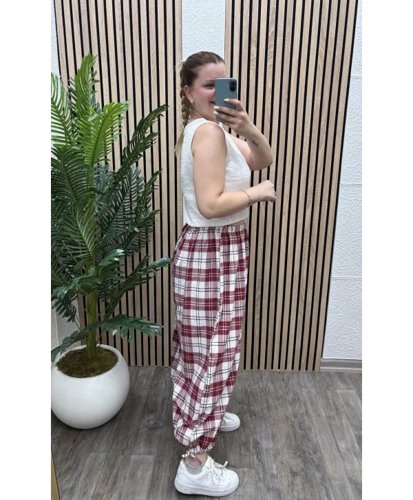 Ekoseli Oversize Pantolon - BORDO