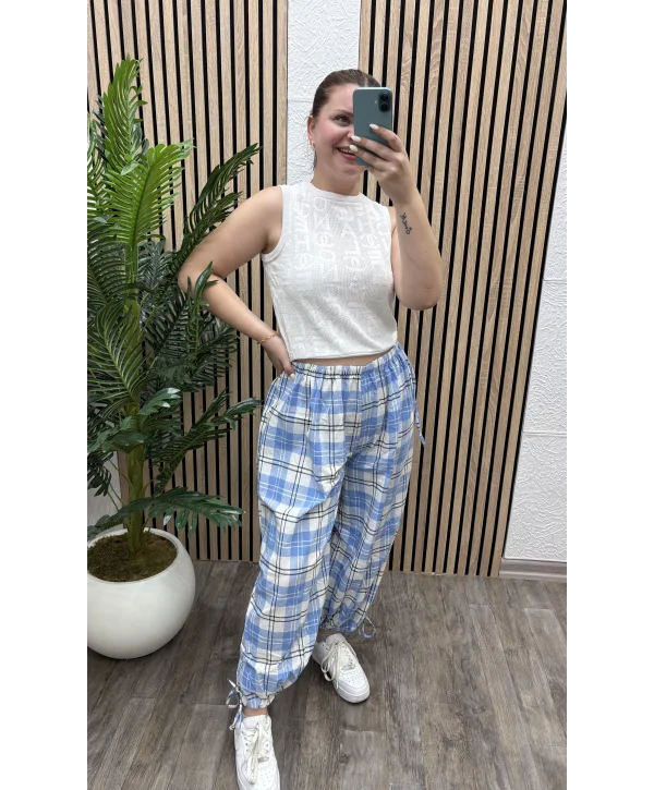 Ekoseli Oversize Pantolon - MAVİ