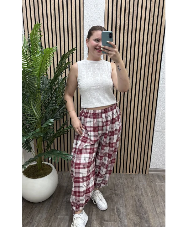 Ekoseli Oversize Pantolon - BORDO