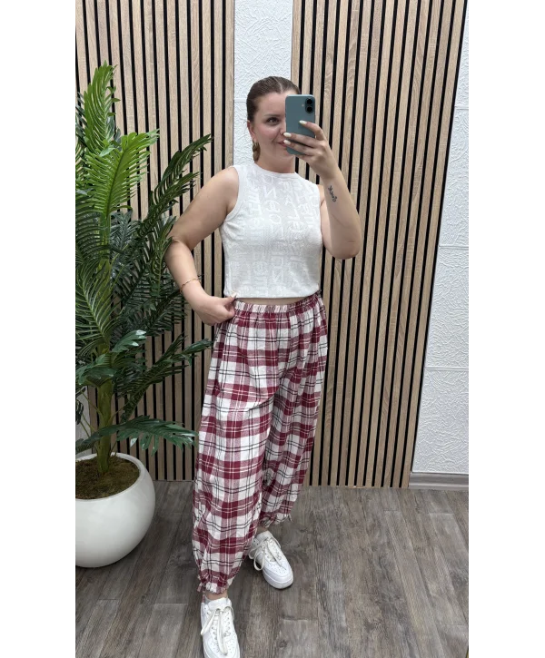 Ekoseli Oversize Pantolon - BORDO