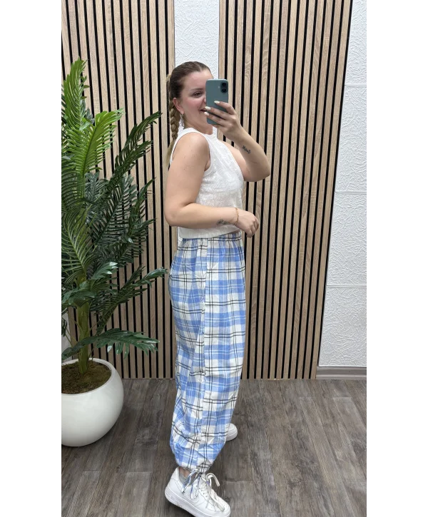 Ekoseli Oversize Pantolon - MAVİ