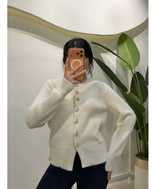 Elmas Düğmeli Sakallı Hırka - Ekru